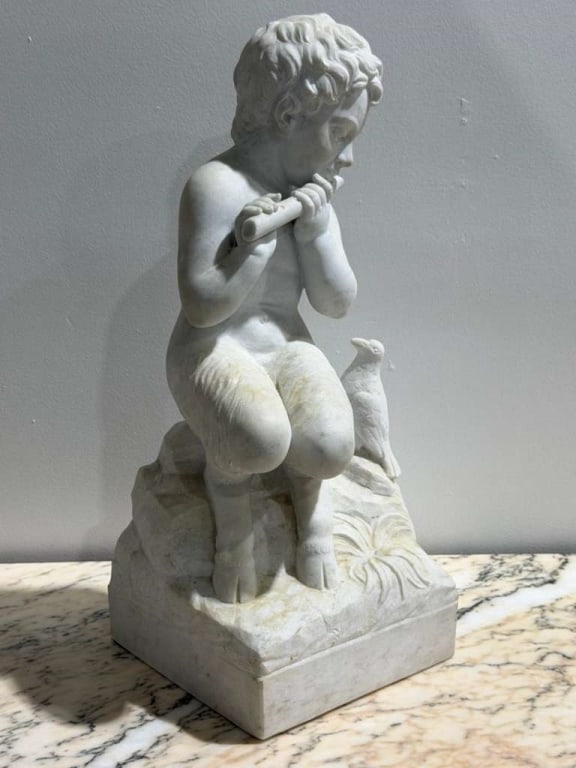 French carved marble playing flute to bird (1 of 7)