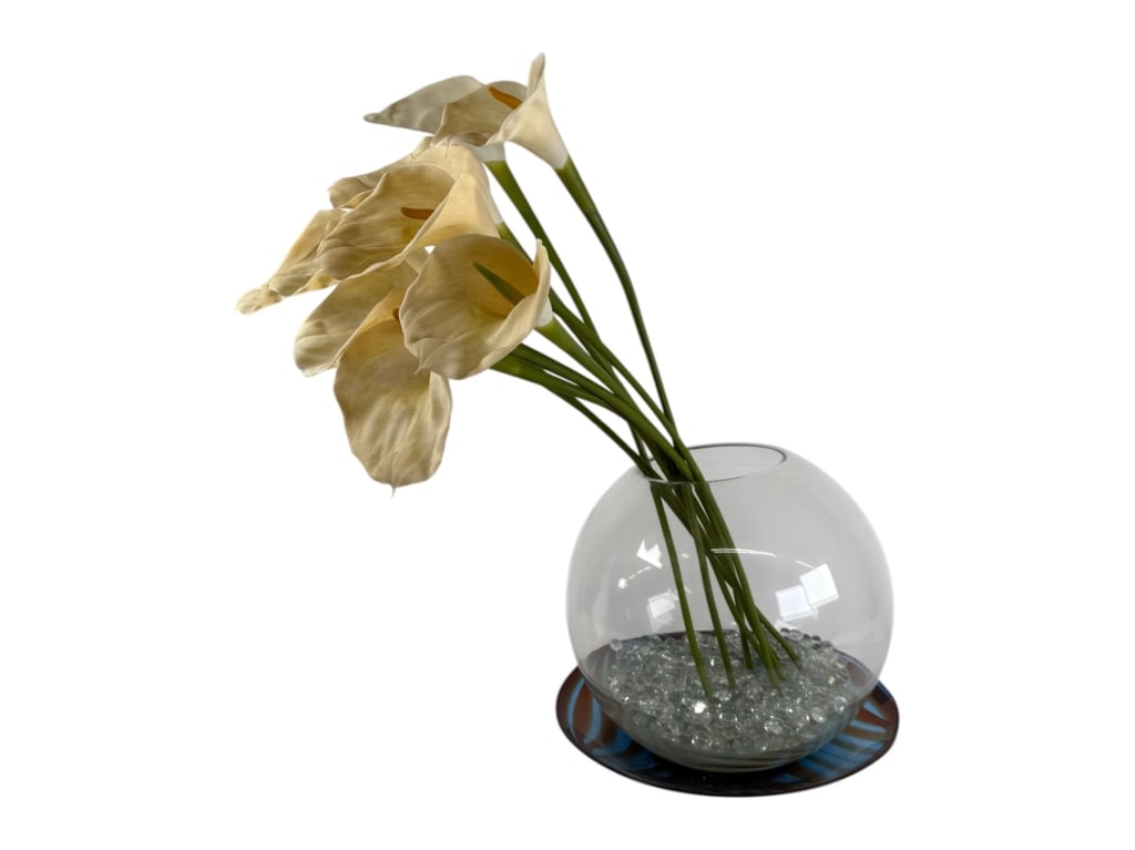 Beautiful Set Contemporary Glass 'Planter' w/ Dish: Beautiful Set Contemporary Glass 'Planter' w/ Dish. Large glass bowl with 9 artificial flowers and glass pebbles, paired with a blue and orange glass dish. No apparent make or marks. All pieces show s