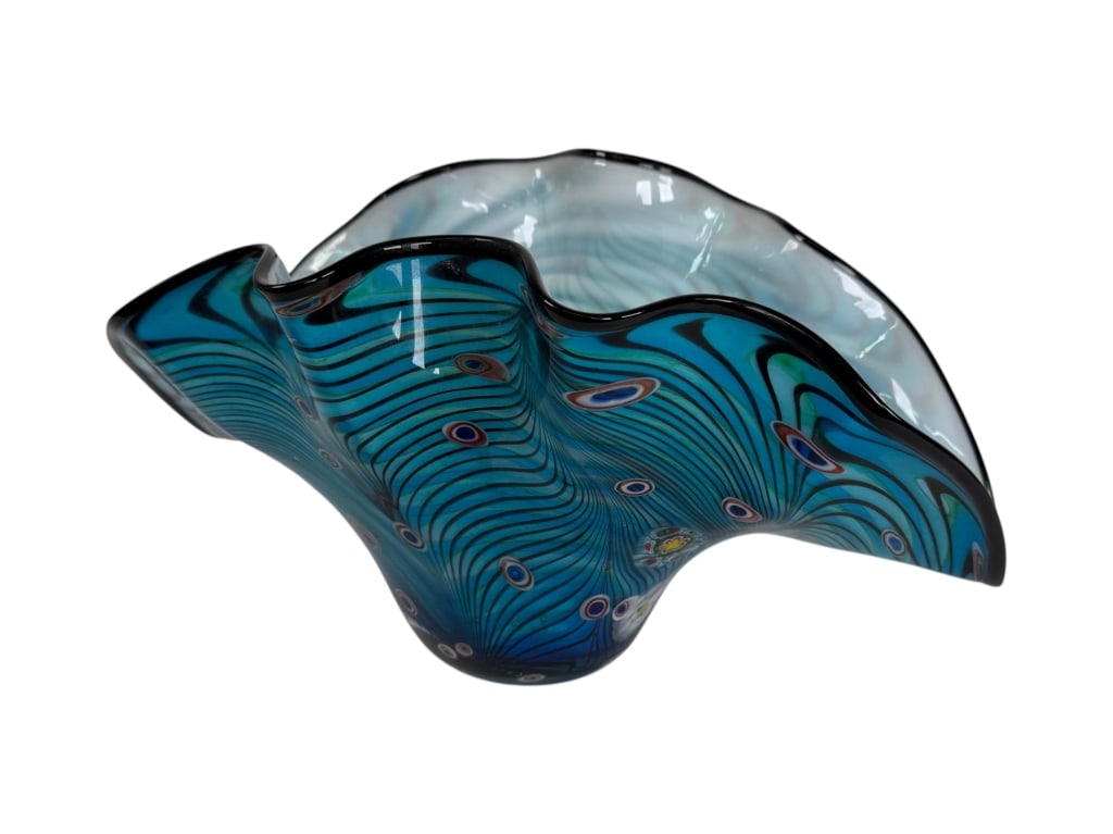 Murano Italy Hand Blown Glass Bowl: Murano Italy Hand Blown Glass Bowl. Sticker on bottom. In overall good condition. Measures approx. 10" H x 19" W x 10 1/2" depth 2B/LR
