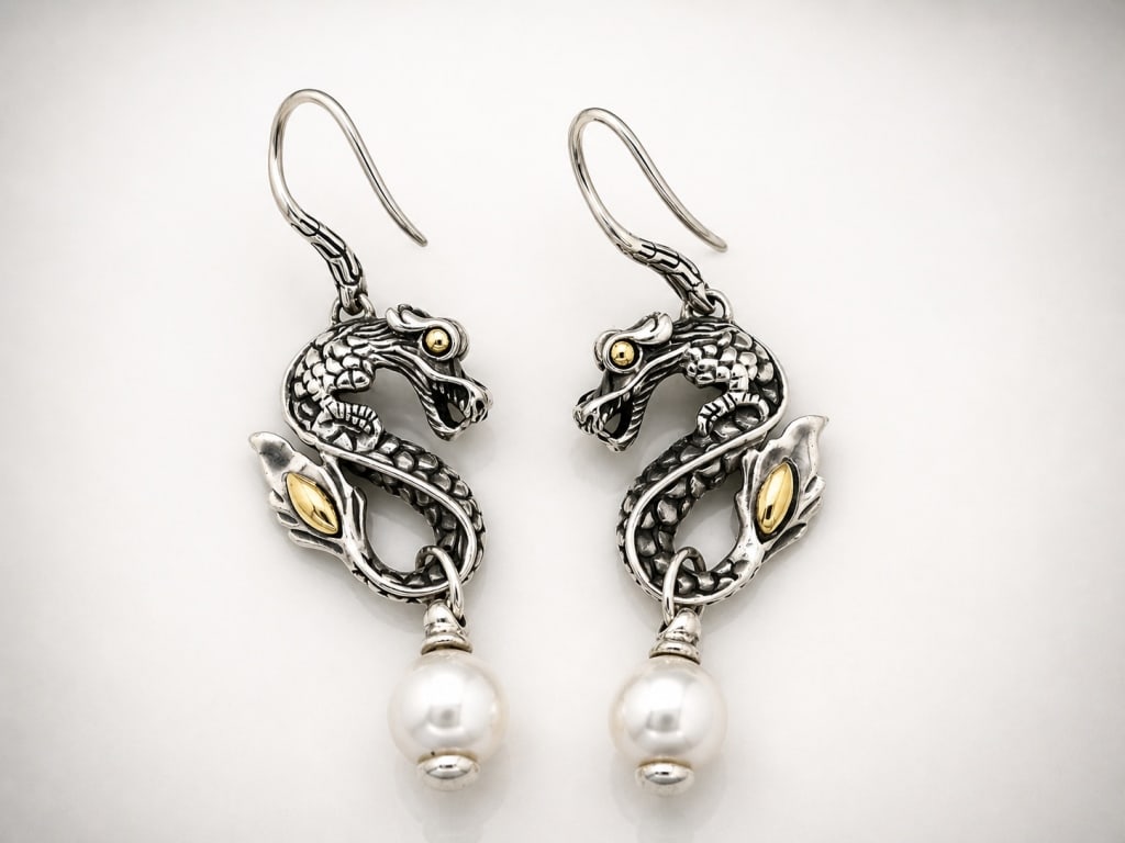 Pair John Hardy Batu Naga Silver & Gold Earrings (1 of 3)
