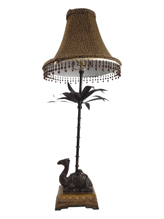 Vintage Bronze Camel Lamp: Vintage Bronze Camel Lamp. No apparent make or marks. Shows some signs of age and wear, some leaves of palm tree missing, and trim of lampshade shows separation, otherwise in good condition. Measures 