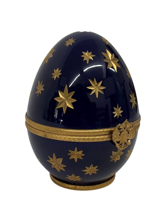 Faberge Limoges Galaxie Millennium LE Egg Box: Faberge Limoges 'Galaxie Millennium' Limited Edition Porcelain Egg Box. Marked '85' and 'Faberge' on inside and stamped on bottom. Shows some minor signs of ageand wear, otherwise in good condition. M