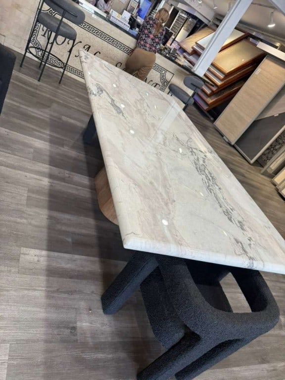 Dover white marble dining table with a walnut base - 5