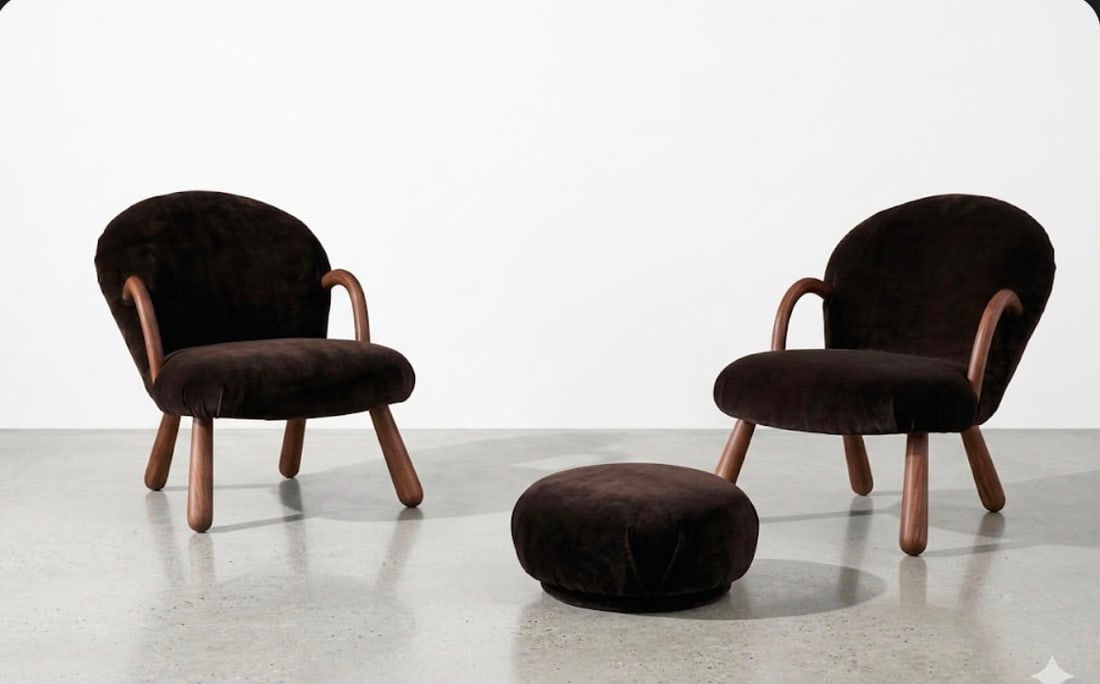 Arnold Madsen, Lounge Chairs (2): ARNOLD MADSEN Pair of lounge chair and ottoman, set in walnut and mohair.Each: 30.5" H x 24.5" W x 33" D Seat height: 16" PICK UP LOCATION - WEST LA, LOS ANGELES