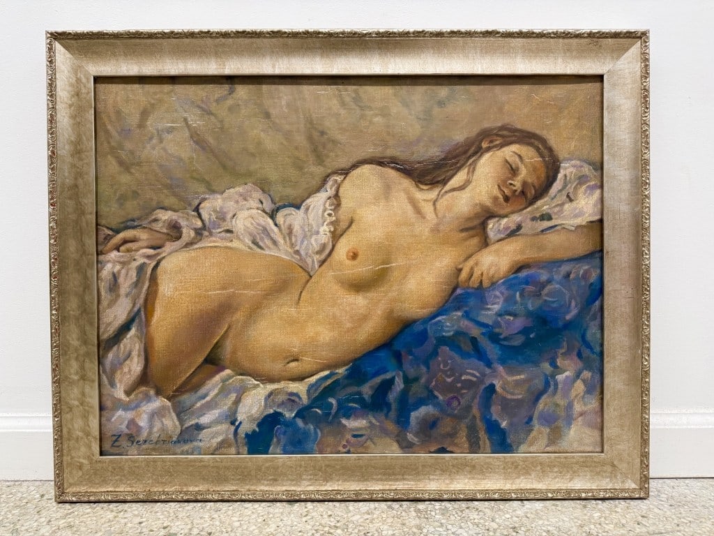 Attributed To: Zinaida Serebriakova (1884-1967): Attributed To: Zinaida Serebriakova Russian (1884-1967) oil on canvas "The Sleeping Nude". Signed lower left. Some wear on frame and craquelure present, otherwise in good condition.Frame measures 21
