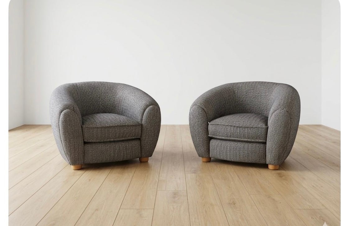 (2) Jean Royere polar chairs in herringbone wool: Pair or Jean Royere style polar chairs in herringbone Dedar woolPick up location: Los Angeles, CA 90064