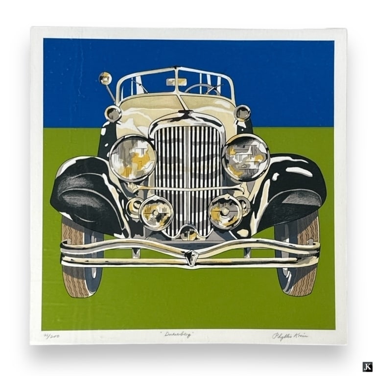 Phyllis Krim (20th c.) Signed Serigraph: Phyllis Krim, American (20th c.) Signed Serigraph "Duesenberg". Signed lower right, titled lower center and numbered 24/200 lower left. Minor wear present, otherwise in good condition. Measures 26" x 