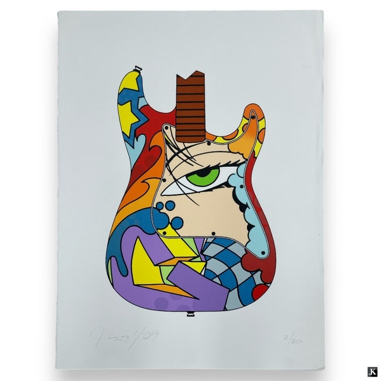 John 'Crash' Matos (b. 1961) Signed Lithograph: John 'Crash' Matos, American (b.1961) signed lithograph "Green Eye Guitar". Signed and dated '09 lower left, numbered 17/20 lower right. In good condition. Measures 30" x 22 1/4" 8B/LR