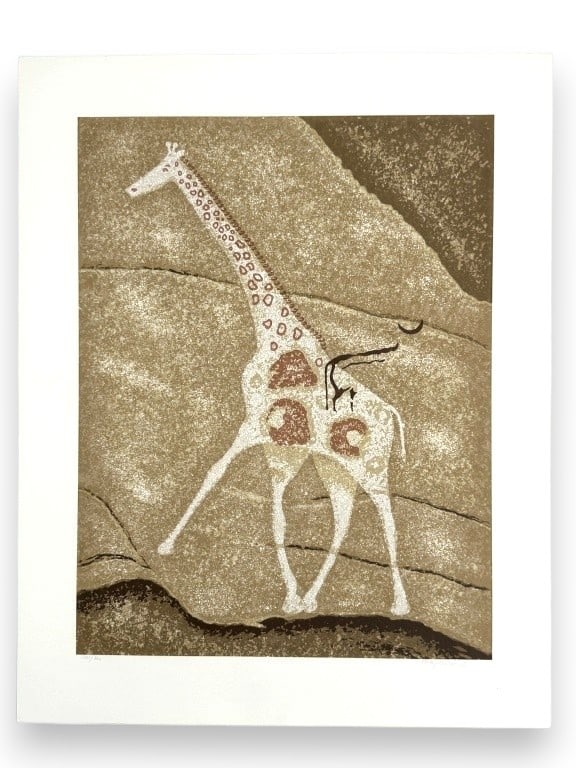 Douglas Mazonowicz (1921-2000) Signed Serigraph: Douglas Mazonowicz, English (1921-2000) signed serigraph "The Hand of Man 6" depicting a Tassili n'Ajjer giraffe rock painting. Signed lower right and numbered 158/300 lower left. Minor wear present, 