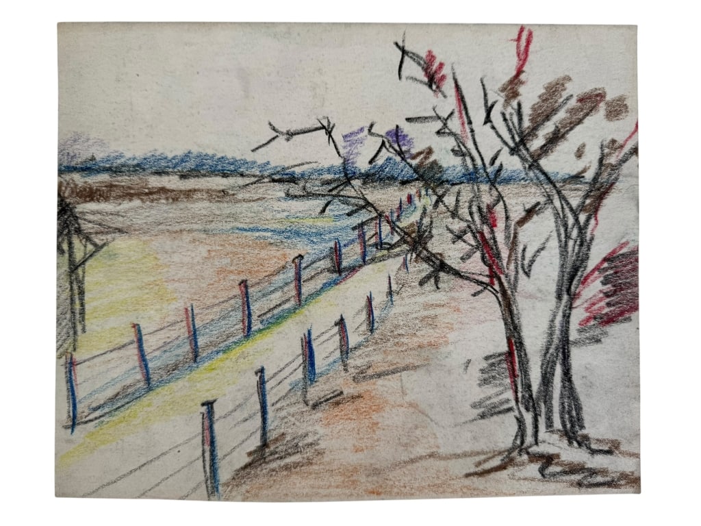 Rolph Scarlett (1889-1984) Color Pencil/Paper: Rolph Scarlett, Canadian (1889-1984) color pencil on paper contemporary expressionist drawing "Street View". Unsigned. Some wear present, otherwise in good condition. Measures 9 1/2" x 11 5/8" 1A/LR