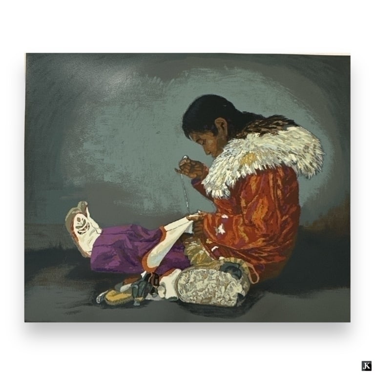 Lunda Hoyle Gill (1928-2003) Signed Serigraph: Lunda Hoyle Gill, American (1928-2003) artist proof signed serigraph "Sewing My MuKluKs". Signed lower right, embosses lower center, titled and numbered 213/300 lower left. Some wear present,