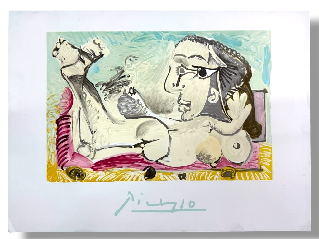 After: Pablo Picasso (1881 - 1973) Lithograph: After: Pablo Picasso (1881 - 1973) Lithograph, Marina Picasso Estate Collection, Titled "Femme Couchee a I'Oiseau". Unsigned and unnumbered. In good condition. Measures 21 7/8" x 29 3/4" 5B/LR