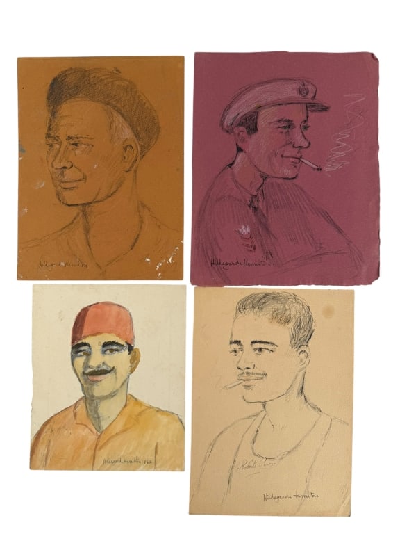 Lot 4 Hildegarde Hamilton (1898–1970) Portraits: Lot of 4 Hildegarde Hume Hamilton, American (1898–1970) portraits, some drawings, some paintings. All are signed. Some signs of wear on the works, otherwise in good condition Largest measures 12