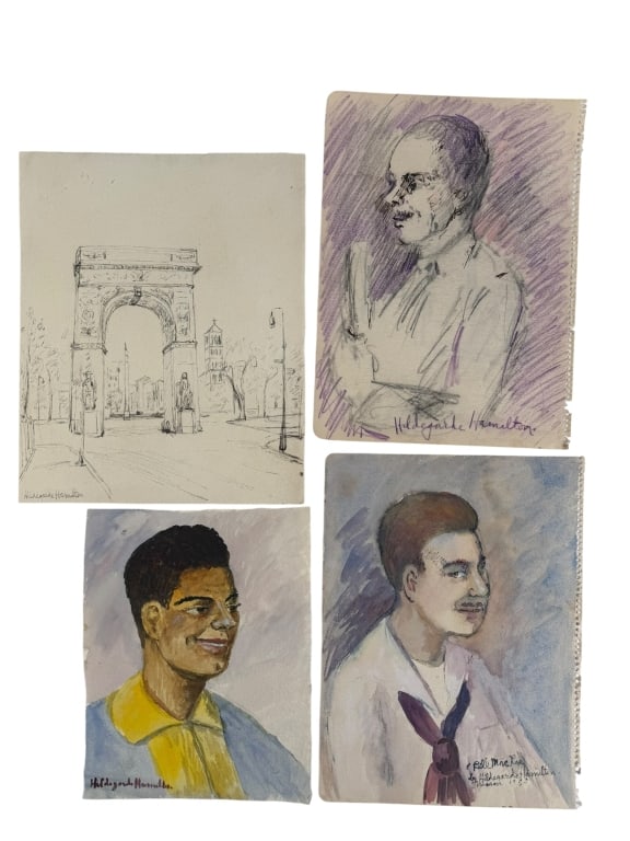 Lot 4 Hildegarde Hamilton (1898–1970) Drawings: Lot of 4 Hildegarde Hume Hamilton, American (1898–1970) drawings/sketches some colored with pencil and others with paint. All are signed. Some signs of wear on the works, otherwise in good condi