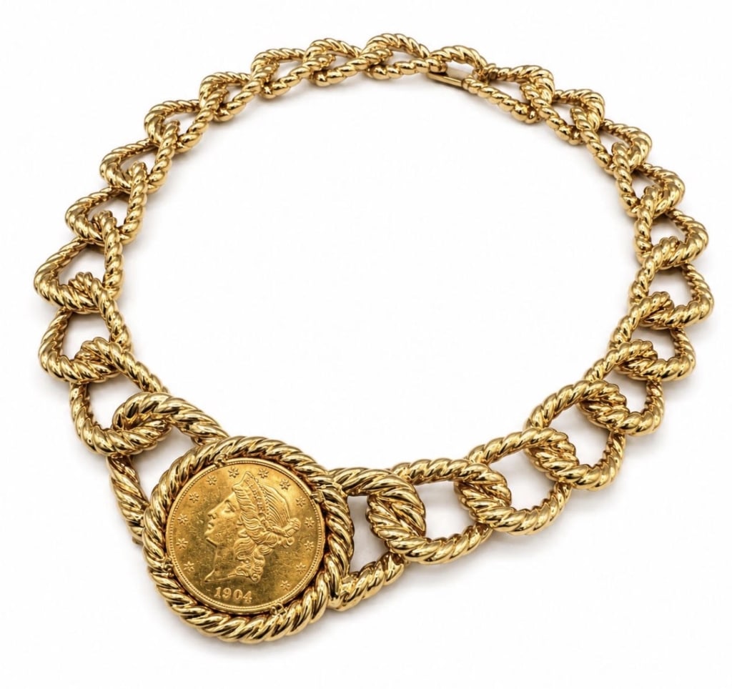 DAVID WEBB 18K Yellow Gold Necklace Set with 22K: DAVID WEBB 18K Yellow Gold Necklace Set with 22K US Liberty Coin Weighing 214.8 grams Includes original David Webb pouch and outer box