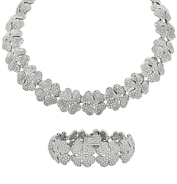Cartier Gold Diamond Clover Necklace & Bracelet: Cartier 18K White Gold Pave Diamond Clover Necklace & Bracelet Suite - 2482 Diamonds, 54.32 Carats SKU: 45691