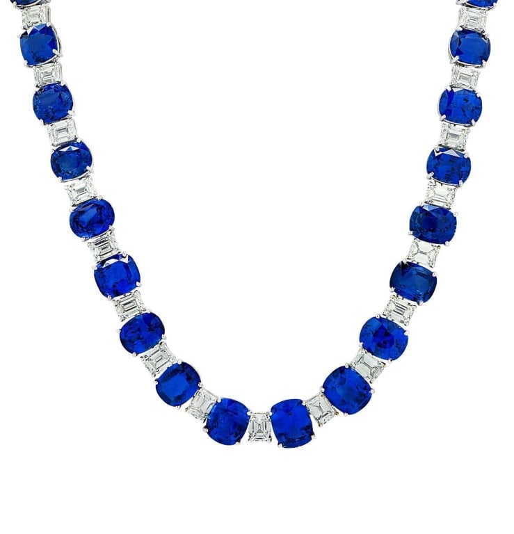 Sapphire and Diamond Platinum Necklace: Sapphire and Diamond Platinum Necklace - 33 GIA-Certified Sapphires, 25 Carat Diamonds, 112 Carats SKU: 43655