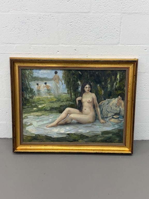 Attributed To: Edouard Manet Oil/Canvas: Attributed to: Edouard Manet, French (1832-1883) oil on canvas "Women Bathing". Signed lower left. Some wear on frame, otherwise work is in great condition. Frame measures 27 1/4" x 35 1/4" Work measu