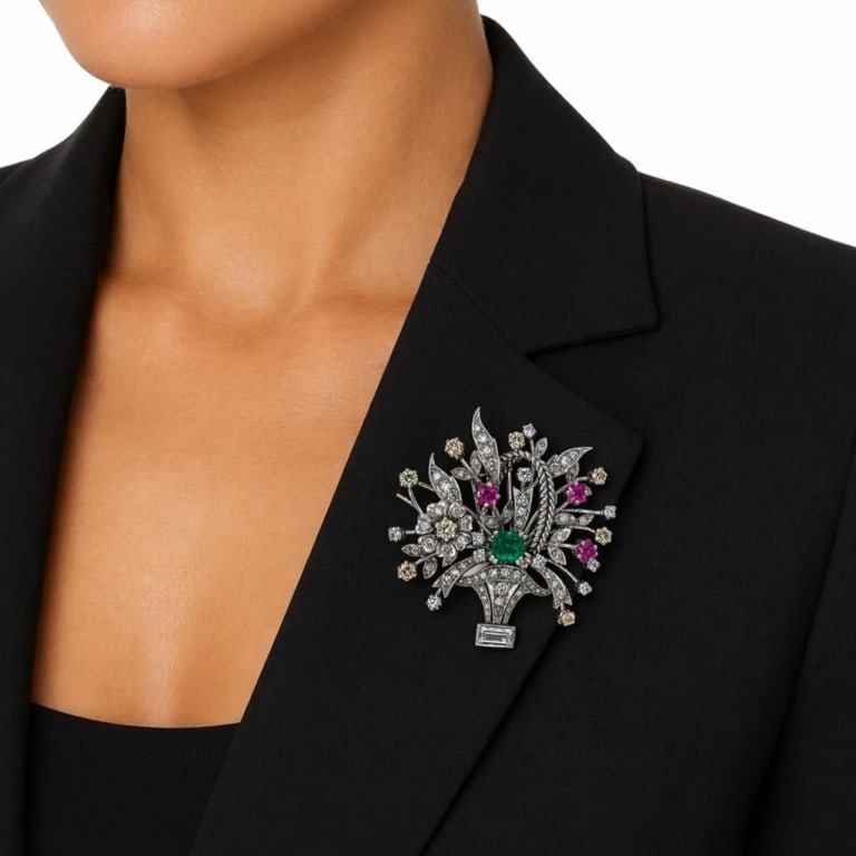 Platinum Diamond, Emerald, and Ruby Brooch - 2