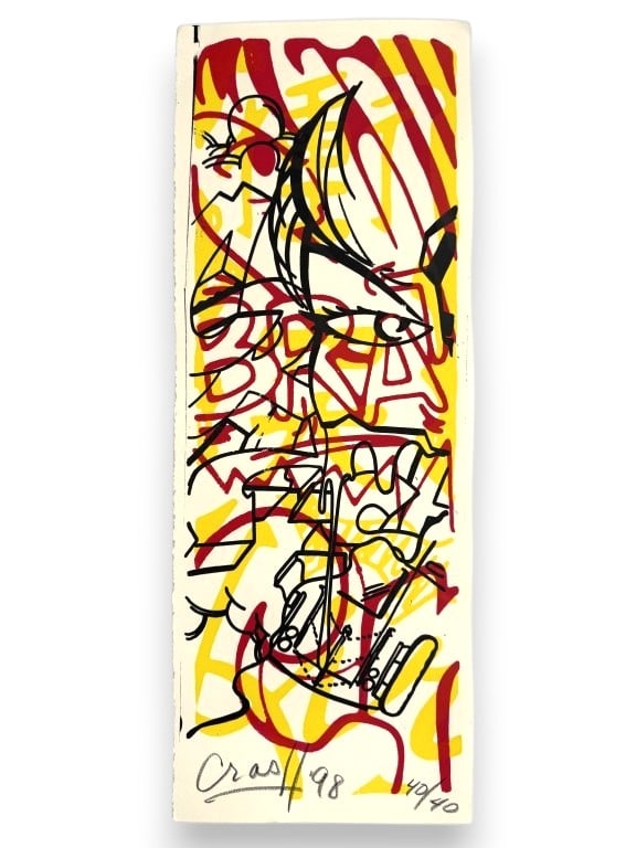 John 'Crash' Matos (b. 1961) Signed Serigraph: John 'Crash' Matos, American (b.1961) signed serigraph "Brat". Signed and dated '98 lower left, numbered 15/40 lower right. Minor wear along the edges of the work, otherwise in good condition.