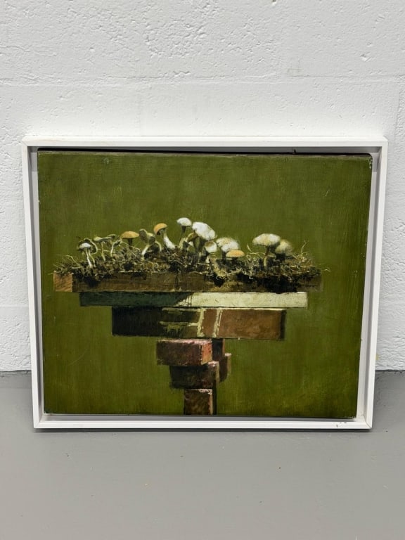 William "Bill" Ciccariello (b. 1952) Oil/Panel: William "Bill" Ciccariello, American (b. 1952) Oil on Panel still life painting "Untitled Still Life, Green Background". Signed and dated verso. Information on tag affixed verso. Work measures 17 1.2"