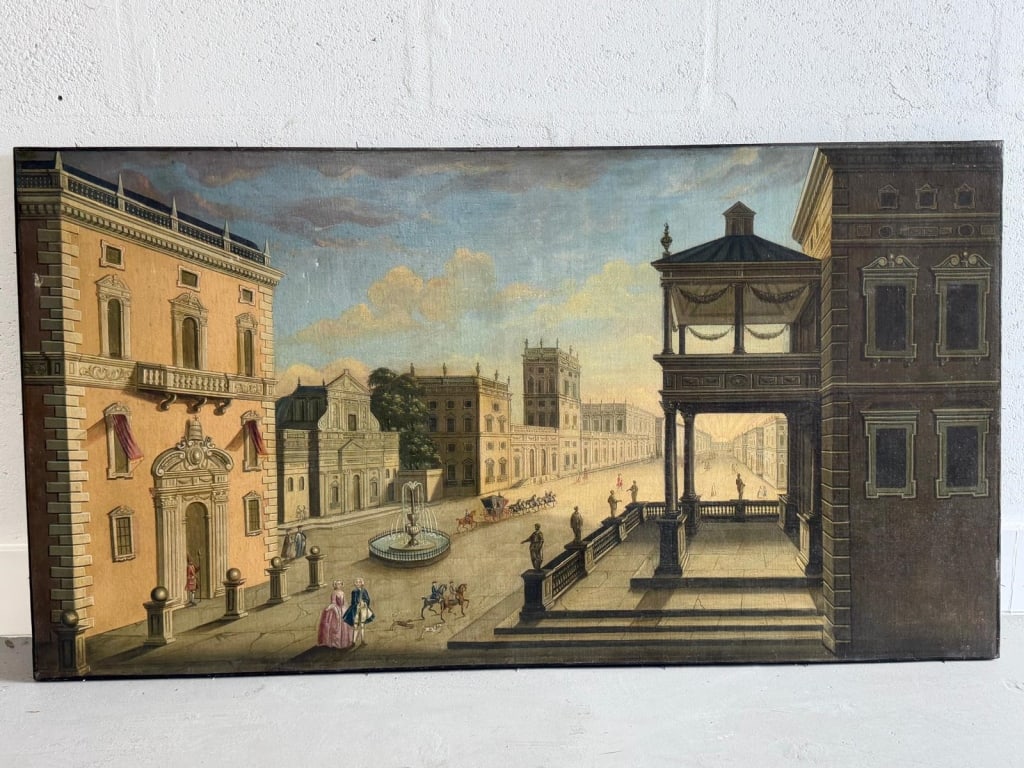 18th-century painting Oil on canvas.: 18th-century painting depicting the Palace of the Viceroy of Naples. Vue d'optique or perspective view, Scene features a grand plaza with figures, horses, and a central fountain Oil on canvas. Measure