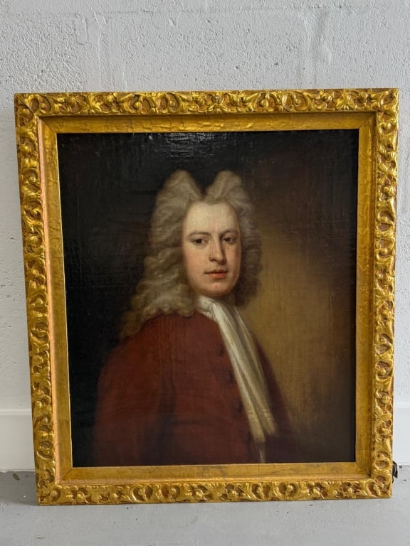 Possibly Michael Dahl or Sir Godfrey Kneller Oil: Possibly Michael Dahl or Sir Godfrey Kneller Oil on board 18th-century portrait of a gentleman, likely depicting William Woodhouse of Rearsby Hall Measures: Artwork measures 29 inches x 24 1/2 inches