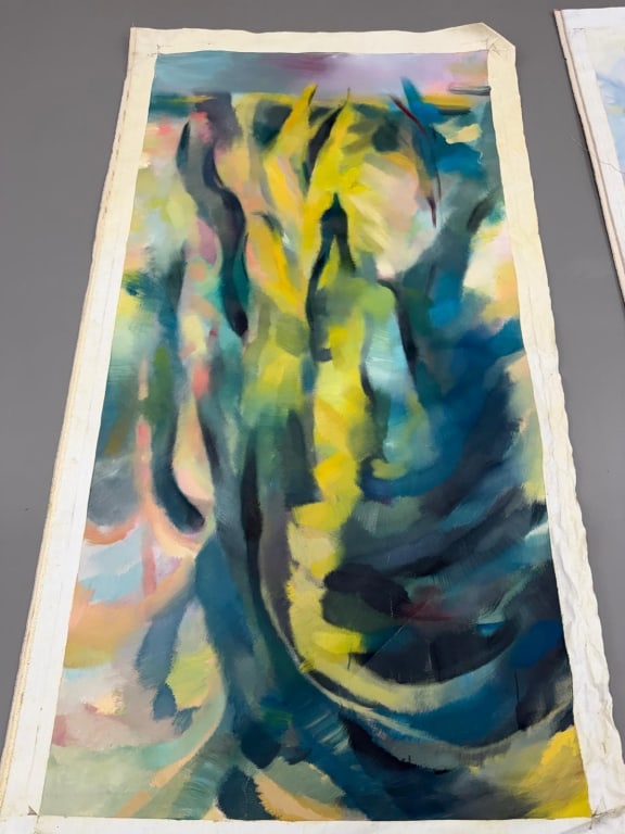 Chinese Artist Unknown Oil/Canvas: Chinese Artist Unknown Oil/Canvas Contemporary Abstract painting. Signed in Chinese Verso. Some signs of wear present, otherwise in good condition. 83" h x 45 1/2" w
