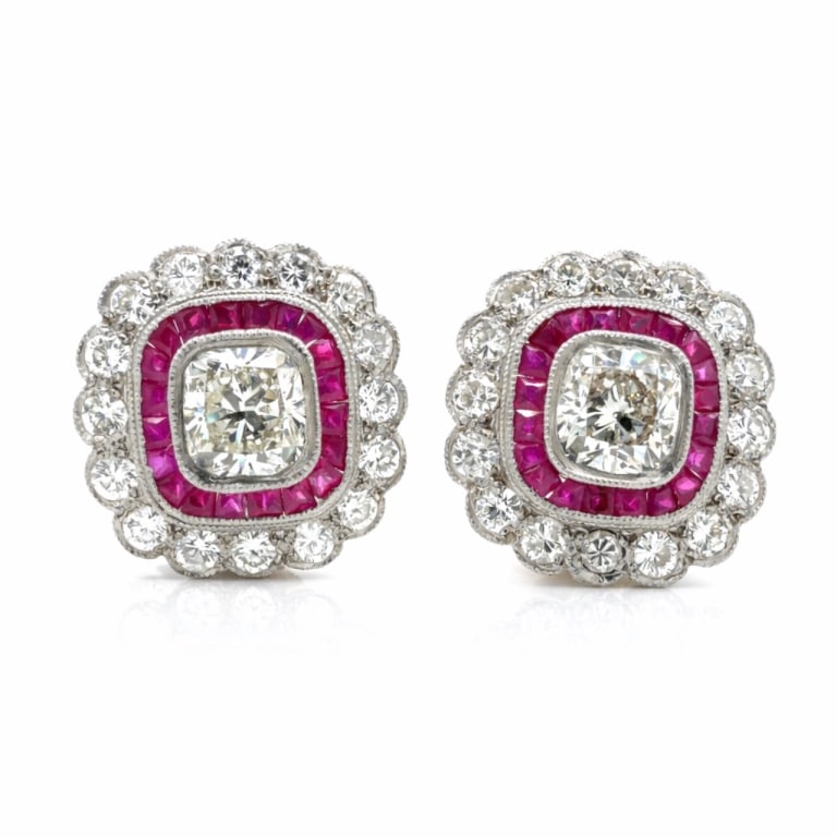 Platinum & 18K Gold Diamond and Ruby Earrings (1 of 8)