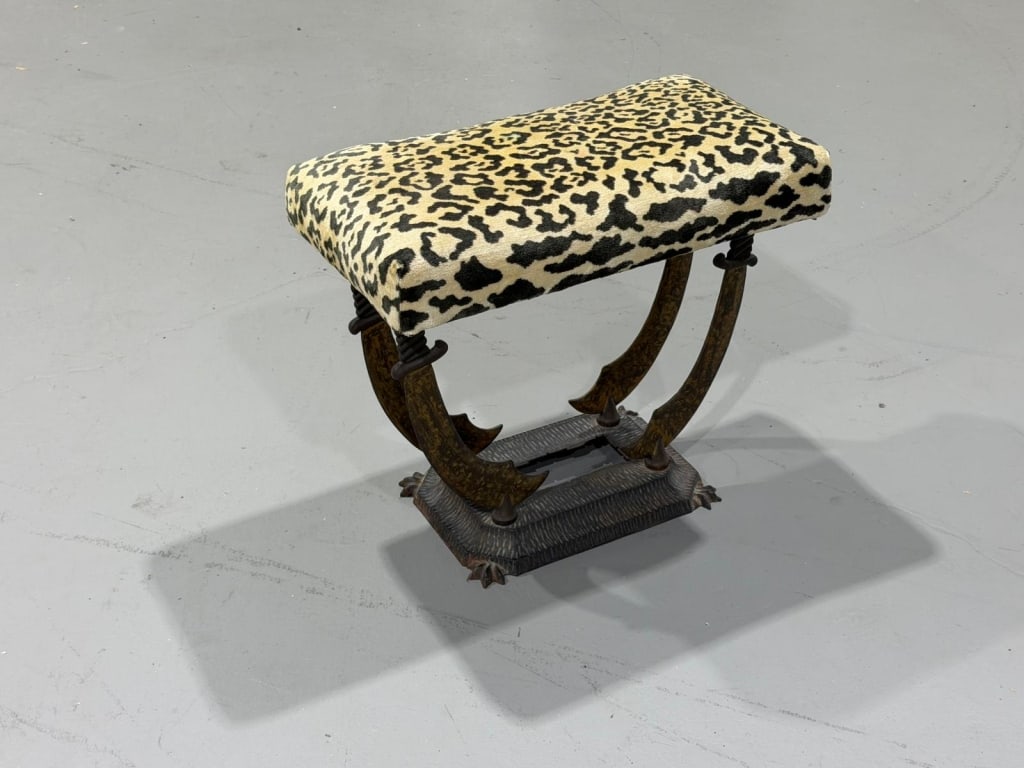 Bronze Sword Form Curule Stool with Leopard Upholstery (1 of 6)