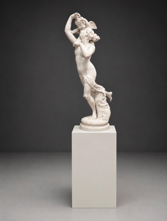 Charles - Auguste Fraikin: Charles - Auguste Fraikin L'amour captif cupid held captive Monumental Carved Marble Figural Sculpture of Mother and Cherub on Marble Pedestal Elegant carved marble sculpture depicting a classical