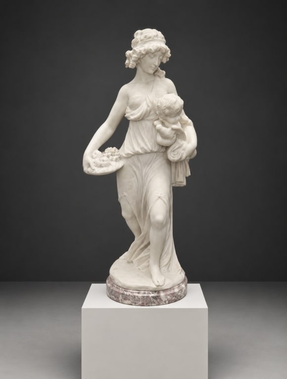 Claude Michel,19th-century marble sculpture: 19th-century white Carrara marble neoclassical sculpture by Claude Michel, known as Clodion (1738–1814) "The allegory of Autumn" Measurements: 55" H x 12" W x 12" D with pedestal 30 1/2" H x 10"