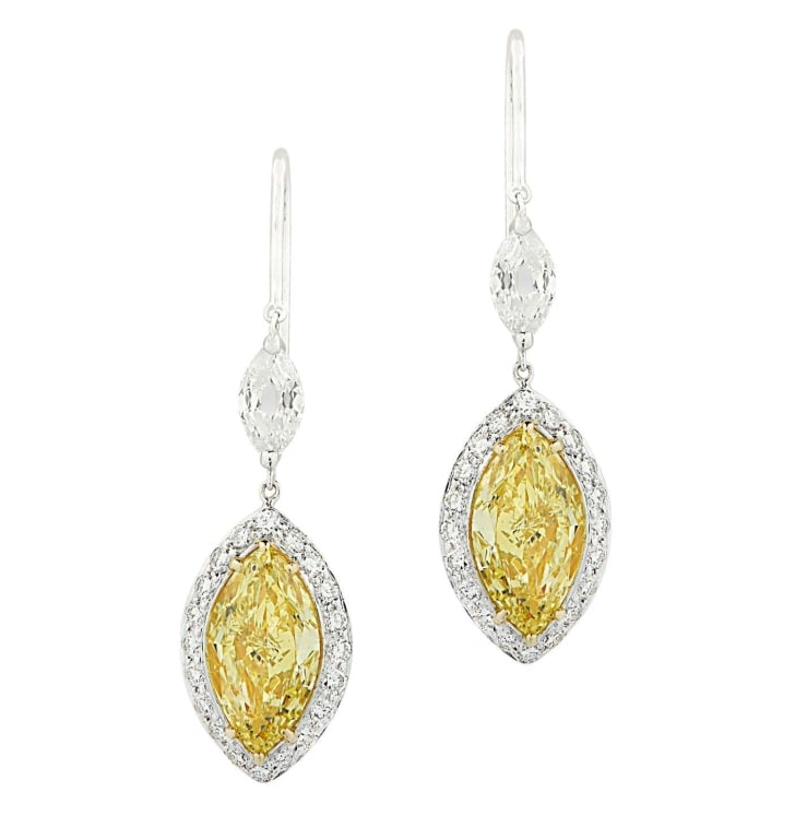 GIA Certified 3.94 Carat Fancy Diamond Earrings: GIA Certified 3.94 Carat Fancy Intense Yellow Diamond & White Diamond Dangle Earrings SKU: 45635