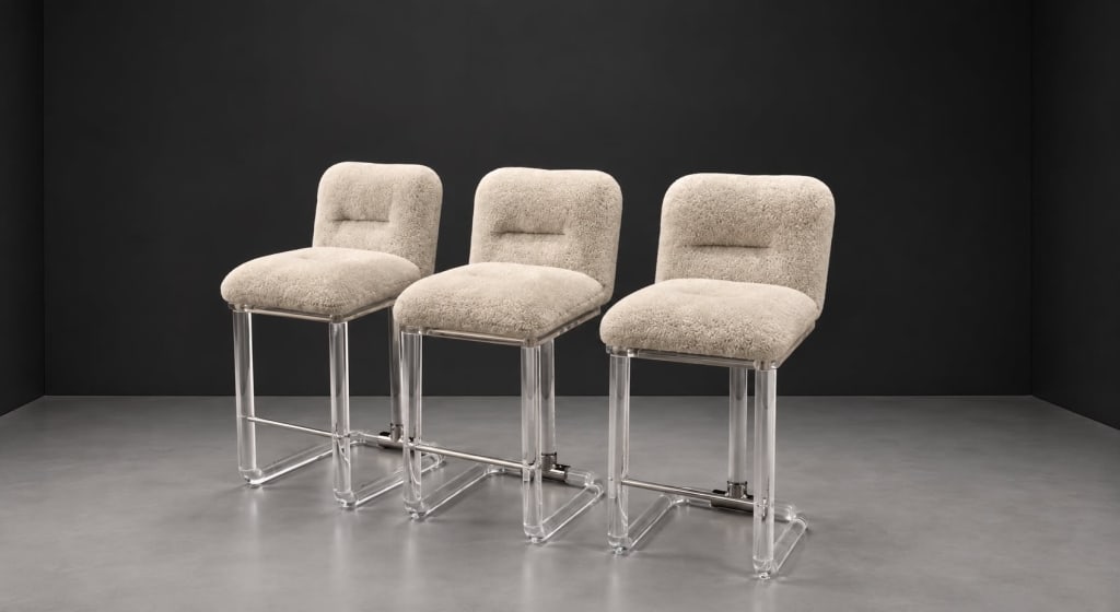 Lion in the frost lucite bar stools: A spectacular and rare trio of Hollywood Regency / Space Age swivel bar stools designed by Leon Frost for the premier mid-century acrylic manufacturer Lion in Frost repuholstered in sheep skin. LOCATI