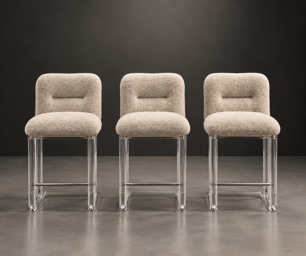Lion in the frost lucite bar stools: A spectacular and rare trio of Hollywood Regency / Space Age swivel bar stools designed by Leon Frost for the premier mid-century acrylic manufacturer Lion in Frost repuholstered in sheep skin. LOCATI
