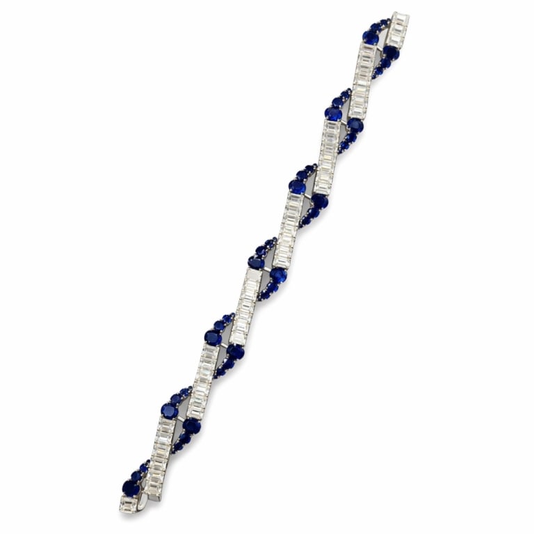 Art Deco Platinum Sapphire and Diamond Bracelet: Art Deco Platinum Sapphire and Diamond Bracelet Item # 13611 Category Bracelets Art Deco Platinum Sapphire and Diamond Bracelet Weighing 49.4 grams Along with 42 Diamonds weighing 31.00 Ct. G-H Color,