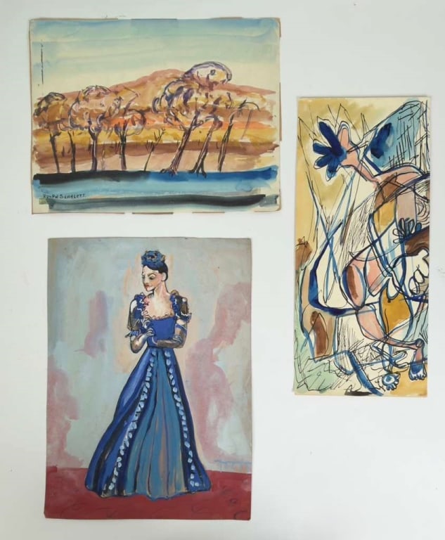 Lot of 3 Rolph Scarlett, gouache on paper: Lot of 3 Rolph Scarlett, Canadian (1889-1984) gouache on paper Contemporary abstract painting. Unsigned. Good condition. Biggest measures: 13 high x 9 1/2 wide Smallest measures: 6 high x 14 wide JZ1A