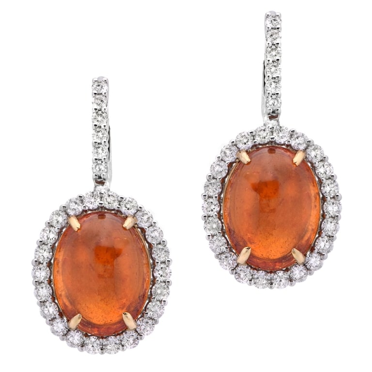 18k White Gold Garnet And Diamond Dangle Earrings: 18k White Gold Garnet And Diamond Dangle Earrings SKU: 54778 Metal: 18k White Gold Main Stone: Garnet Garnet Shape: Oval Garnet Weight: 18.50ct Stone: Diamond Diamond Shape: Round Brilliant Diamond Co