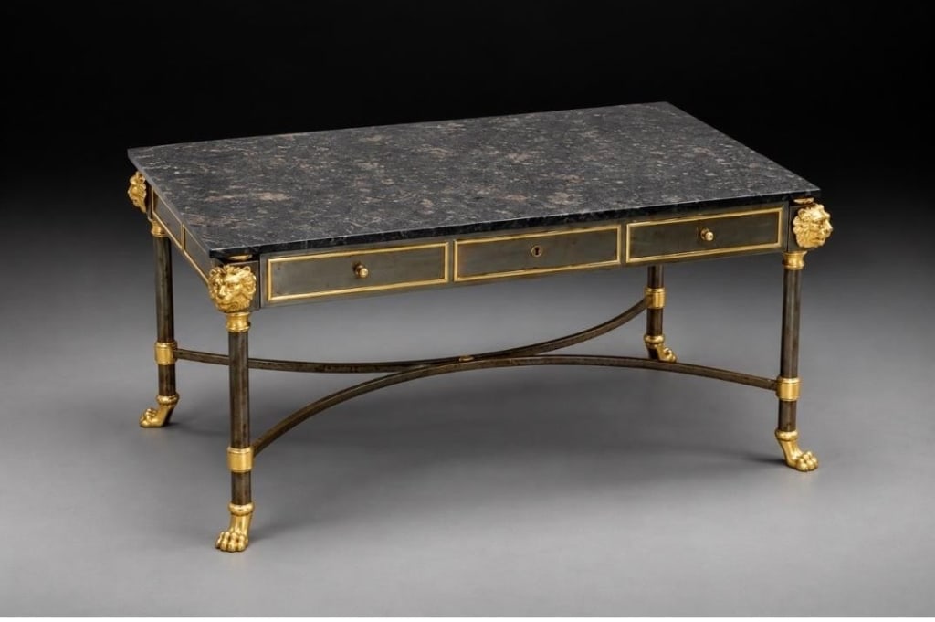 John Vesey Louis XVI-Style Bureau Plat: This striking piece of mid-century furniture is a Louis XVI-Style Bureau Plat designed by the prominent American designer John Vesey, circa 1960. Measurements: 30" H x 59 1/2" W x 35" D