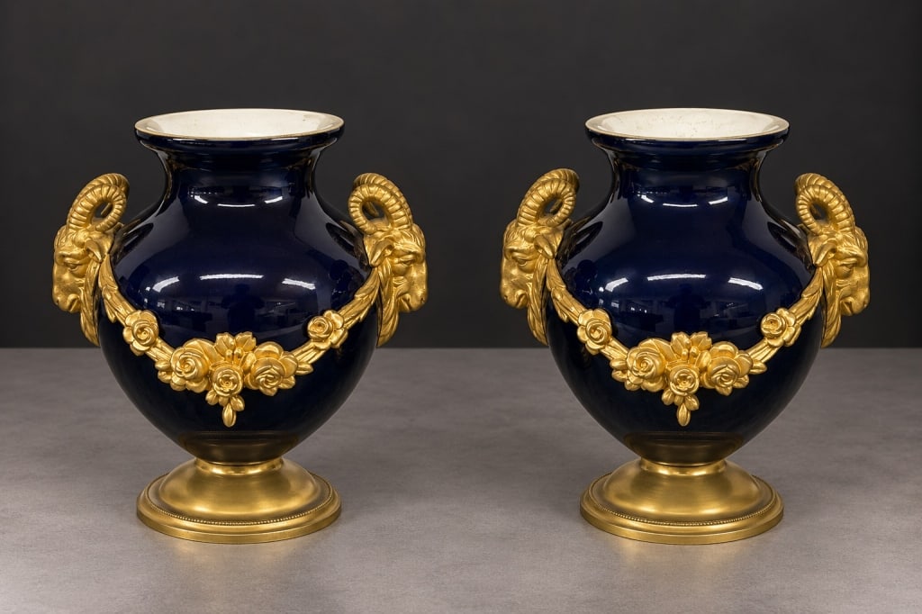 Pair of Cobalt Blue Rams Head Vases: Pair of Cobalt Blue Rams Head Vases. French. Fantastic Quality. Measures 12 inches high x 12 inches wide.