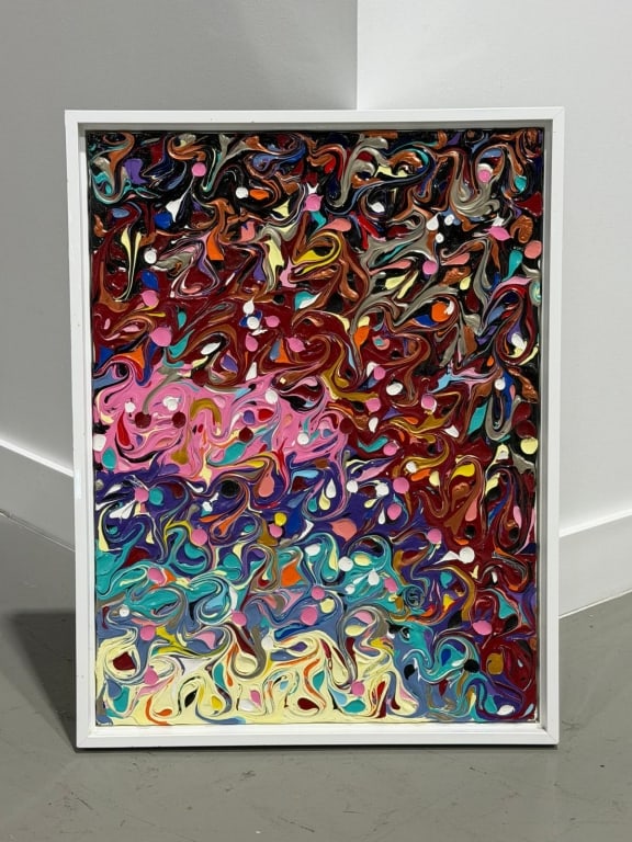 EDUARDO GUELFENBEIN (CHILEAN,1953): EDUARDO GUELFENBEIN (CHILEAN,1953) Acrylic on canvas. "Serendipity" Total frame measures 33 1/2 inches high by 25 3/4 inches wide