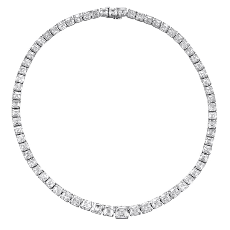78.85ct Asscher Cut Diamond Necklace: 78.85ct Asscher Cut Diamond Necklace SKU: 53137 Metal: Platinum Stone: Diamond Diamond Shape: Asscher Cut Diamond Weight: 78.85 carats Diamond Color: D–E Diamond Clarity: VVS–VS