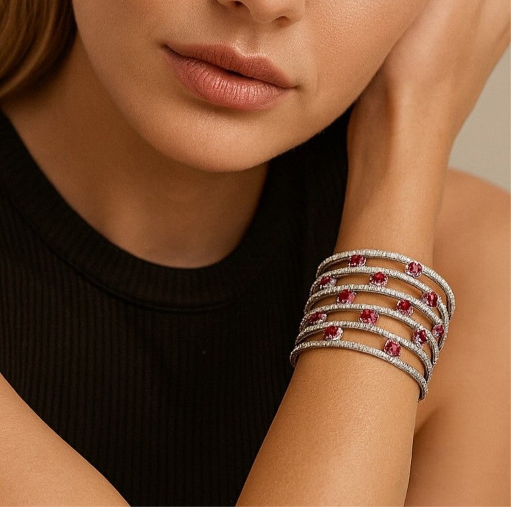 Diamond & Ruby Cuff Bangle Bracelet | 18K Gold - 2