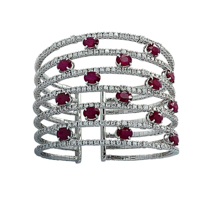 Diamond & Ruby Cuff Bangle Bracelet | 18K Gold - 3