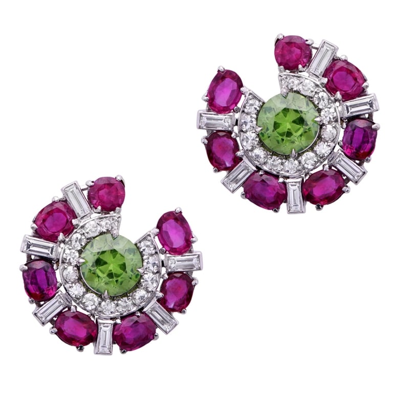 Platinum Diamond and Ruby and Demantoid Earrings: Platinum Diamond and Ruby and Demantoid Garnet Earrings SKU: 53491 Metal: Platinum Gemstones: Ruby and Demantoid Garnet Gemstones Weight: 6ct Diamond Shape: Round Brilliant Diamond Count: 32 Diamond W
