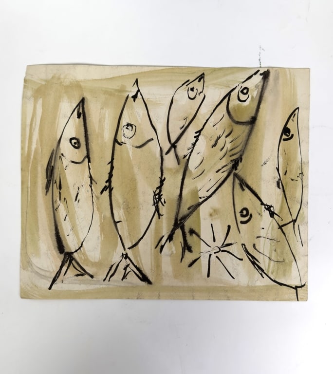 Rolph Scarlett, gouache on paper painting: Rolph Scarlett, Canadian (1889-1984) "Fishes" gouache on paper Contemporary Fishes painting. Unsigned. Good condition. Measures: 11 high x 13 1/2 wide JZ1A