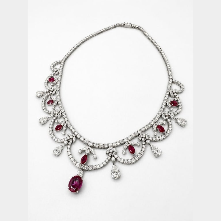 Platinum Certified Sapphire & Diamond Necklace: 1950’s Platinum AGL Certified No-heat Burma Pink Sapphire & Diamond Necklace Item # 14332 Category Necklaces 1950’s Platinum AGL Certified No-heat Burma Pink Sapphire & Diamond Necklace We
