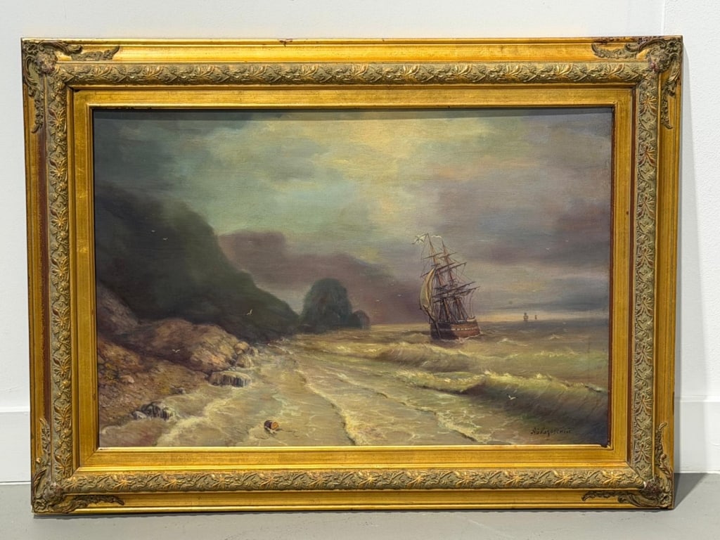 Attributed Ivan Aivazovsky Oil on Canvas: Coastal Marine Scene with Sailing Ship, oil on canvas seascape painted in the iconic style of the legendary Russian-Armenian marine artist Ivan Konstantinovich Aivazovsky (1817–1900).
