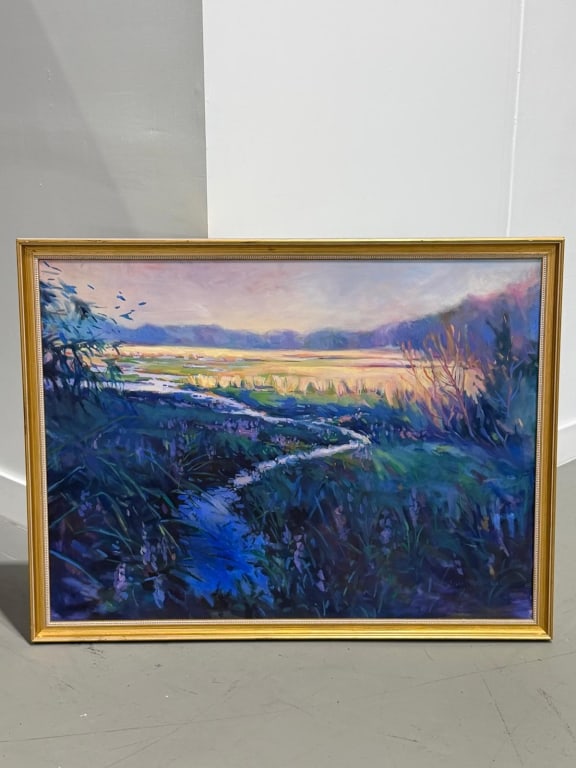 Susan Mayfield West (20th c.) Pastel Painting: Susan Mayfield West, (20th c.) Pastel Painting "The River at Night". Signed lower right. Well framed and in good condition. Work measures 36" x 48" Frame measures 40" x 52"