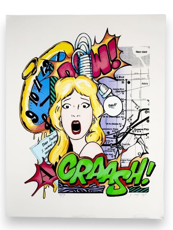 John 'Crash' Matos (b. 1961) Signed Serigraph: John 'Crash' Matos, American (b.1961) signed serigraph "Dear Prudence". Signed, dated 1989 and embossed lower right, numbered 39/99 lower left. Some wear and discoloration around the edges of the